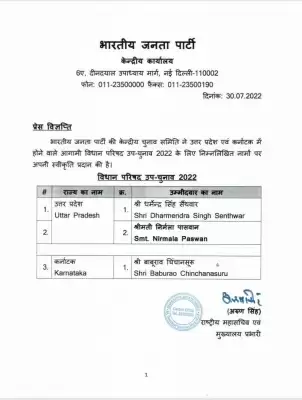 उत्तर प्रदेश और कर्नाटक विधान परिषद उपचुनाव- भाजपा ने किया उम्मीदवारों के नाम का ऐलान