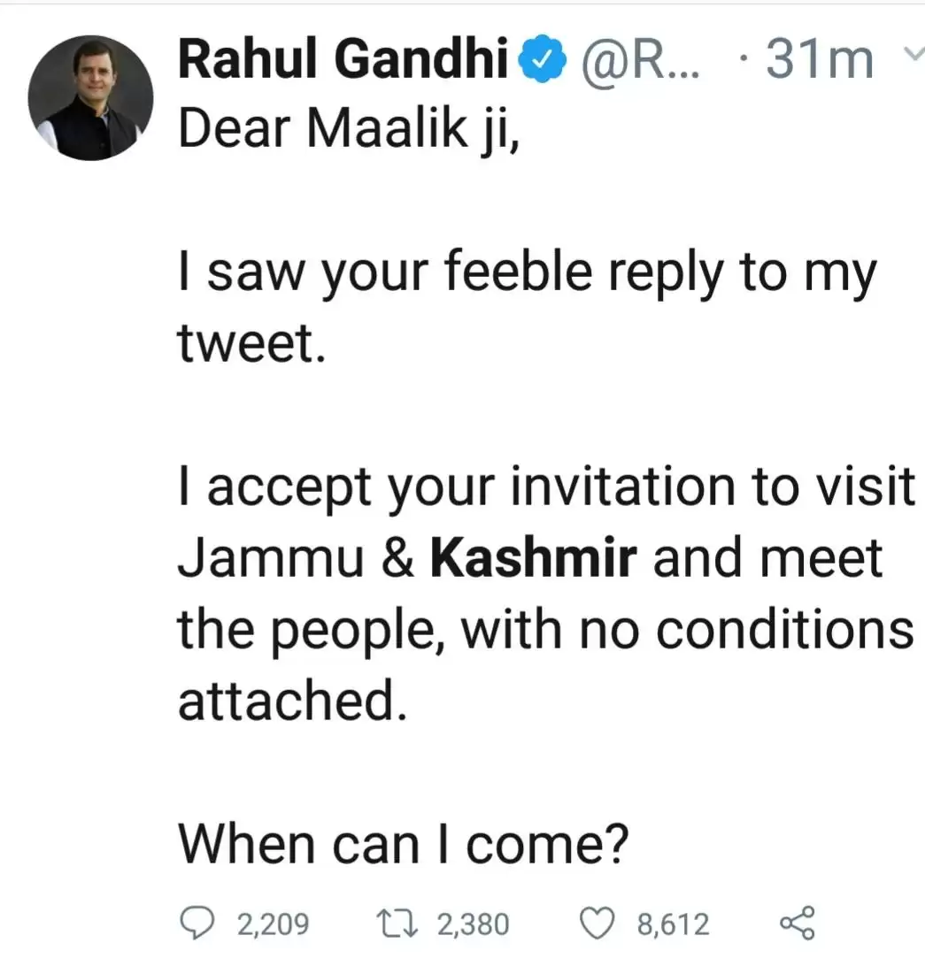 राहुल गांधी ने कहा गवर्नर सत्यपाल मालिक से कब आना है Kashmir