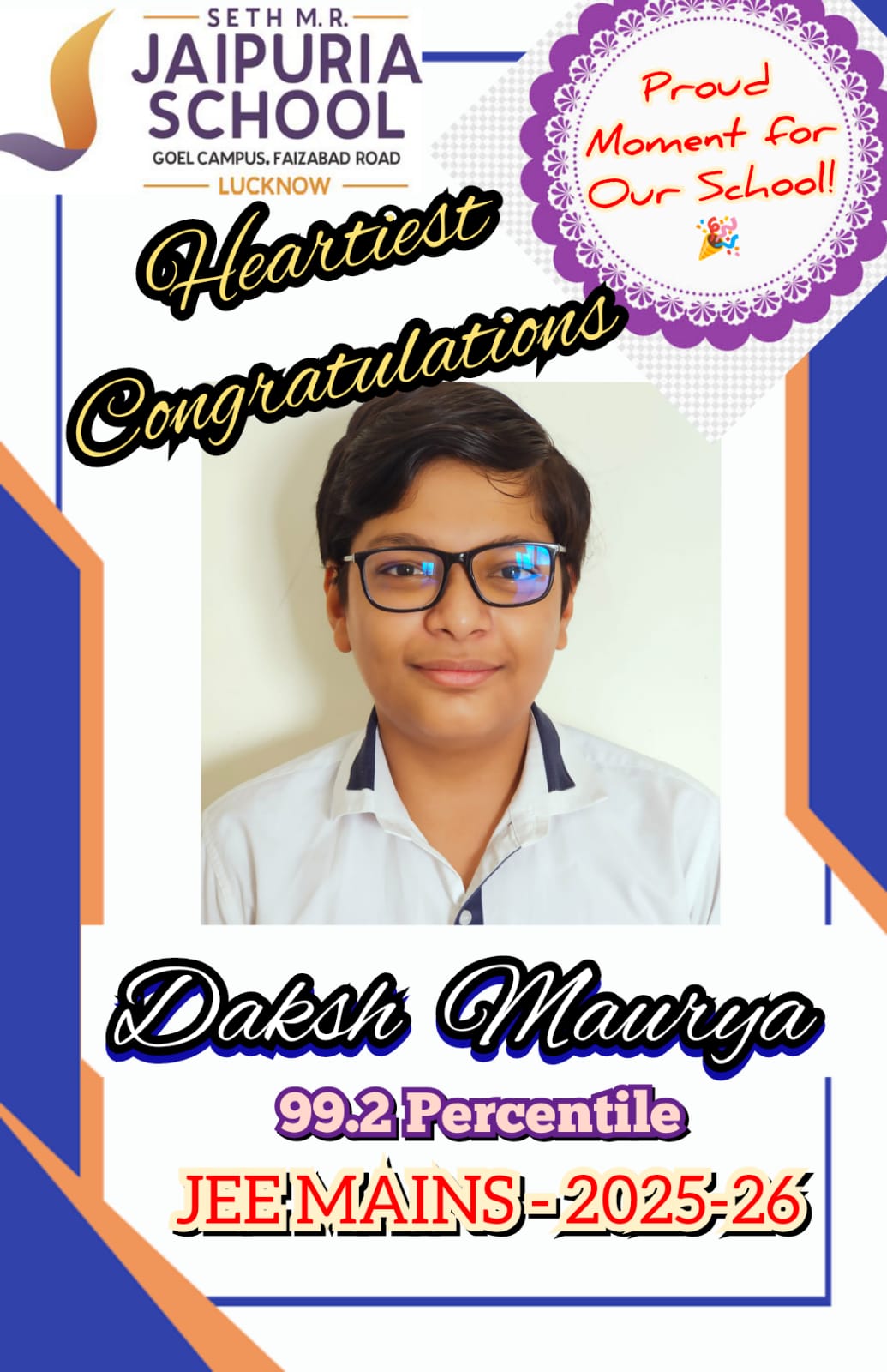 JEE मेन्स में 99.20% हासिल कर रचा इतिहास, गोयल कैंपस के दक्ष मौर्या बने जिले का गौरव