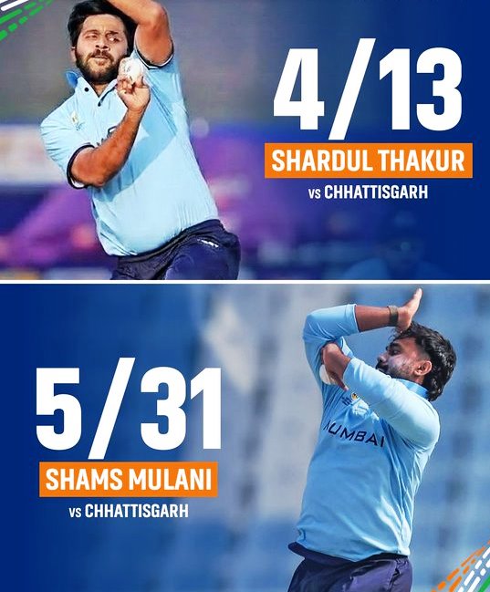 नई गेंद से शार्दुल ठाकुर का कहर  टॉस जीतकर मुंबई के कप्तान शार्दुल ठाकुर ने पहले गेंदबाजी का फैसला किया और अपने फैसले को सही साबित किया। शार्दुल ने नई गेंद से घातक गेंदबाजी करते हुए शुरुआती पांच ओवरों के भीतर ही छत्तीसगढ़ के चार बल्लेबाजों को पवेलियन भेज दिया, उस समय टीम का स्कोर महज 10 रन था।  इसके बाद छत्तीसगढ़ के कप्तान अमनदीप खरे और अजय मंडल ने पांचवें विकेट के लिए 105 रनों की अहम साझेदारी कर पारी को संभालने की कोशिश की। अमनदीप खरे ने 103 गेंदों में 63 रन, जबकि अजय मंडल ने 67 गेंदों में 46 रन की पारी खेली। इनके अलावा छत्तीसगढ़ के 9 बल्लेबाज दहाई का आंकड़ा भी नहीं छू सके।  शार्दुल ठाकुर और शम्स मुलानी का घातक स्पेल  मुंबई की गेंदबाजी में शार्दुल ठाकुर और शम्स मुलानी पूरी तरह छाए रहे।  शार्दुल ठाकुर: 5 ओवर, 13 रन, 4 विकेट  शम्स मुलानी: 9.1 ओवर, 31 रन, 5 विकेट  इन दोनों गेंदबाजों ने मिलकर छत्तीसगढ़ के 9 विकेट झटक लिए। शेष एक विकेट मुशीर खान को मिला। छत्तीसगढ़ की पूरी टीम 38.1 ओवर में 142 रन पर सिमट गई।  अंगकृष रघुवंशी की शानदार अर्धशतकीय पारी  लक्ष्य का पीछा करने उतरी मुंबई को पहले विकेट के लिए 42 रन की ठोस शुरुआत मिली। ईशान मूलचंदानी ने 36 गेंदों में 19 रन बनाए। उनके आउट होने के बाद अंगकृष रघुवंशी और सिद्धेश लाड ने दूसरे विकेट के लिए 102 रन की नाबाद साझेदारी कर मुकाबले को एकतरफा बना दिया।  अंगकृष रघुवंशी: नाबाद 68 रन (66 गेंद, 6 चौके)  सिद्धेश लाड: 48 रन (42 गेंद, 6 चौके)  मुंबई ने लक्ष्य को 24 ओवर में हासिल कर लिया और मुकाबला 9 विकेट से जीत लिया।  प्लेयर ऑफ द मैच  शानदार गेंदबाजी प्रदर्शन के लिए शार्दुल ठाकुर को प्लेयर ऑफ द मैच चुना गया।