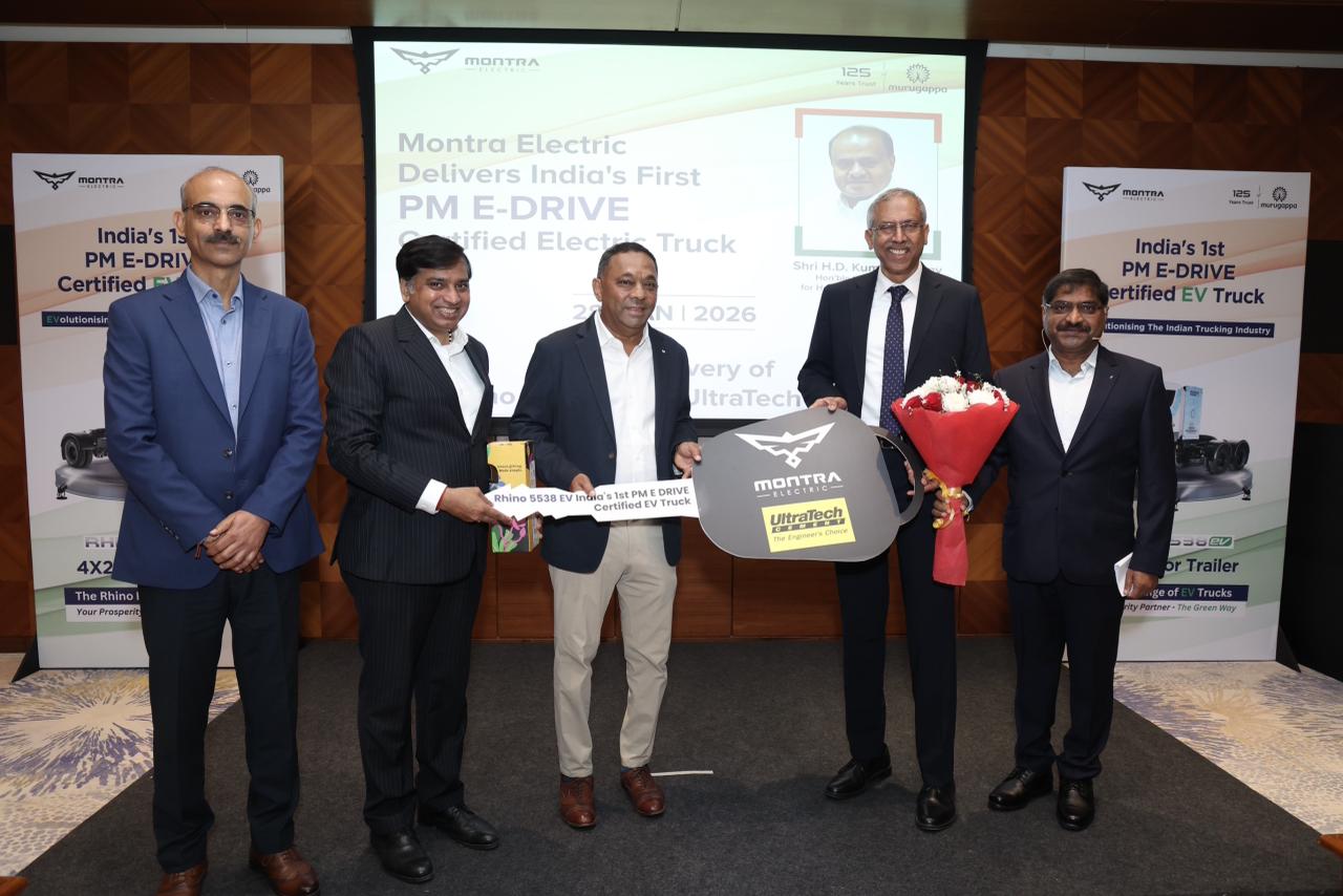 Arun Murugappan, Chairman of Montra Electric, handed over the first PM e-Drive-certified Rhino 5538 EV to UltraTech Cement.