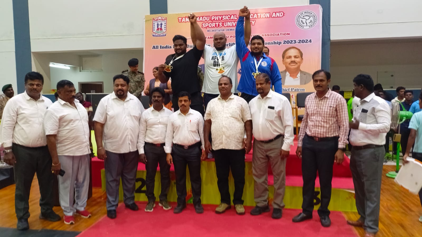 Student Manish Kumar won silver medal in 120 kg weight category.