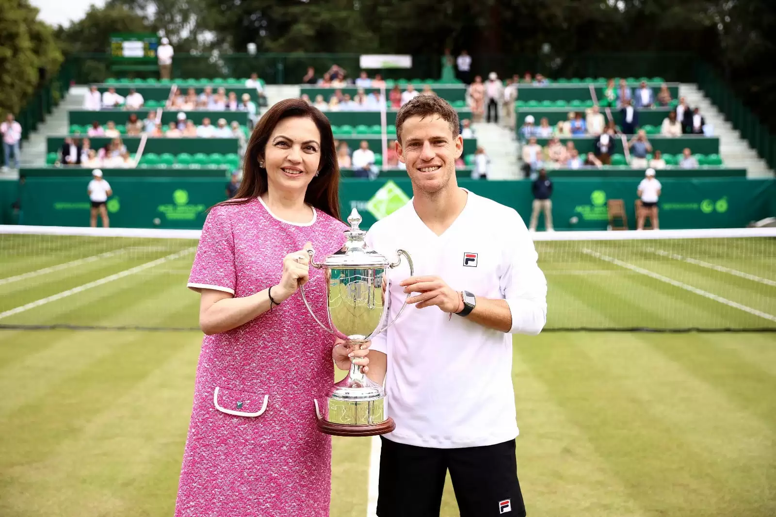 Photo caption: Mrs Nita. M. Ambani, Founder and Chairperson of Reliance Foundation presented the inaugural Reliance Foundation ESA Cup to Diego Schwartzman at The Boodles Tennis