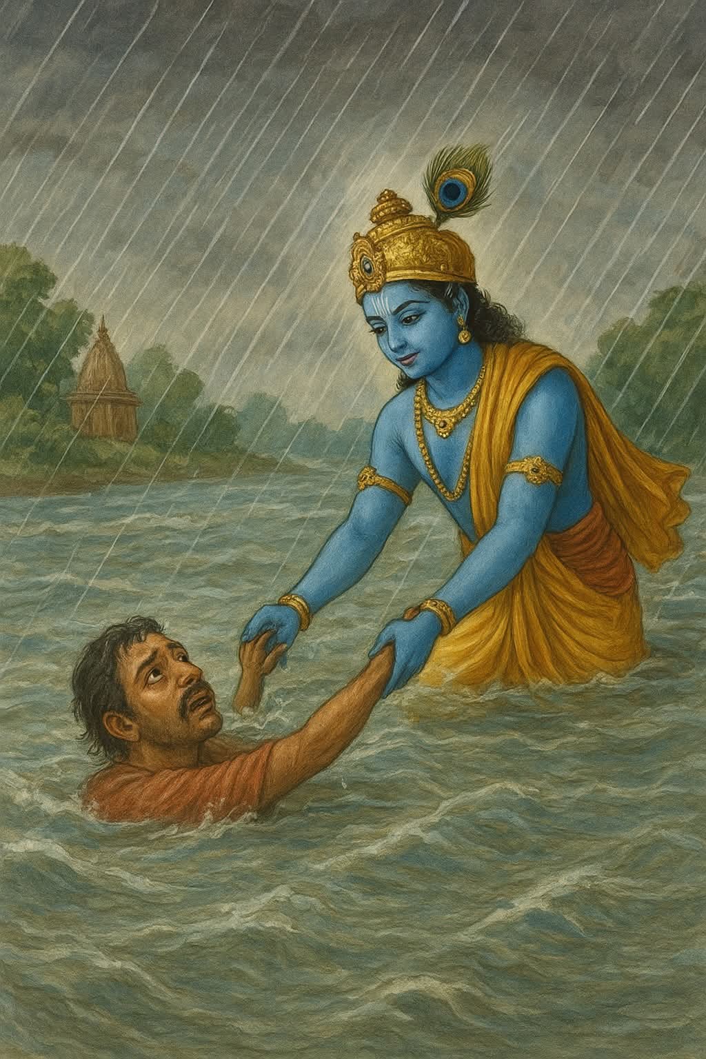 विपत्ति का समय  एक दिन गाँव पर भीषण आपदा आ पड़ी। लगातार बारिश से नदी उफान पर आ गई और लोग अपने घरों में कैद हो गए। मगर माधव के मन में केवल एक ही चिंता थी &ndash; &ldquo;आज ठाकुर जी को भोग कौन लगाएगा?&rdquo;  उसने बिना देर किए एक टोकरी में रोटियाँ, दूध और मक्खन रखा और तेज़ बहाव की परवाह किए बिना मंदिर की ओर निकल पड़ा।  चमत्कार का दर्शन  रास्ते में पानी इतना बढ़ चुका था कि उसका संतुलन बिगड़ गया और वह नदी में गिरकर बहने लगा। डूबते-डूबते उसके मुख से पुकार निकली &ndash; &ldquo;गोविंदा! रक्षामाम्!&rdquo;  तभी उसे महसूस हुआ कि किसी ने उसका हाथ मजबूती से थाम लिया है। आँखें खोलते ही उसने देखा &ndash; एक सुंदर नीलेवर्ण बालक, सिर पर मोर मुकुट सजाए, मुस्कुराते हुए उसे बाहर खींच रहा है।  बालक ने कहा &ndash; &ldquo;माधव! इतनी चिंता क्यों कर रहे हो? मैं तो तुम्हारे भोग का इंतज़ार कर रहा था।&rdquo;  माधव समझ गया कि यह कोई साधारण बालक नहीं, बल्कि स्वयं श्रीकृष्ण हैं। उसकी आँखों से आँसू बह निकले और वह भाव-विभोर होकर उनके चरणों में गिर पड़ा।  भगवान का संदेश  कृष्ण ने मुस्कुराते हुए कहा &ndash; &ldquo;भक्ति का आधार नियम नहीं, बल्कि सच्चा प्रेम है। तूने मेरे लिए जो भाव और त्याग दिखाया, वह ही मेरे लिए सबसे बड़ा उपहार है।&rdquo;  उस दिन से गाँव में यह शिक्षा फैल गई &ndash; भगवान उसी के समीप आते हैं, जो उन्हें सच्चे प्रेम और भक्ति से पुकारता है, चाहे वह साधारण ग्वाला ही क्यों न हो।