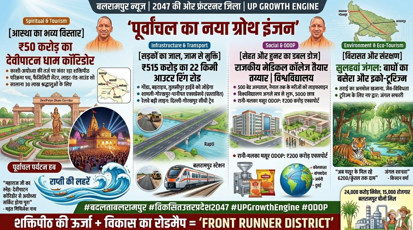 देवीपाटन कॉरिडोर: आध्यात्म और अर्थव्यवस्था का संगम विकास की इस नई कहानी का सबसे महत्वपूर्ण अध्याय यहाँ की आध्यात्मिक विरासत का विस्तार है।  भव्य कॉरिडोर: 51 शक्तिपीठों में से एक माँ देवीपाटन मंदिर में 50 करोड़ रुपये की लागत से भव्य कॉरिडोर का निर्माण हो रहा है।  पर्यटन को बढ़ावा: 250 बीघा क्षेत्र में फैला यह कॉरिडोर काशी और अयोध्या जैसी दिव्यता प्राप्त करेगा। इससे न केवल श्रद्धालुओं को सुविधा मिलेगी, बल्कि स्थानीय पर्यटन उद्योग और अर्थव्यवस्था को भी नई गति मिलेगी।  सेहत और शिक्षा के नए द्वार अब बलरामपुर के लोगों को बेहतर इलाज या उच्च शिक्षा के लिए लखनऊ या गोरखपुर की ओर नहीं भागना पड़ेगा।  मेडिकल कॉलेज: जिले में नवनिर्मित राजकीय मेडिकल कॉलेज ने स्वास्थ्य सेवाओं की सूरत बदल दी है।  विश्वविद्यालय: निर्माणाधीन विश्वविद्यालय यहाँ के युवाओं के लिए उच्च शिक्षा के नए अवसर पैदा कर रहा है।  'लाल चमक' का वैश्विक जलवा: जर्मनी और दुबई तक पहुँची मसूर बलरामपुर की मसूर दाल अब अंतरराष्ट्रीय बाजारों की पसंद बन गई है।  ODOP की सफलता: 'एक जिला एक उत्पाद' (ODOP) के तहत चुनी गई मसूर दाल अब स्थानीय मंडियों से निकलकर जर्मनी और दुबई तक पहुँच रही है।  निर्यात की ताकत: सालाना 200 करोड़ रुपये का निर्यात इस बात का गवाह है कि यहाँ का किसान अब वैश्विक उद्यमी बन चुका है।  सिक्स-लेन और रिंग रोड से सुधरी कनेक्टिविटी बेहतर कनेक्टिविटी ने बलरामपुर की प्रगति को नई उड़ान दी है:  रिंग रोड: 515 करोड़ रुपये की लागत से 22 किलोमीटर लंबी रिंग रोड का निर्माण हो रहा है।  एक्सप्रेस-वे: प्रस्तावित सिक्स-लेन एक्सप्रेस-वे जिले को सीधे दिल्ली और पश्चिमी उत्तर प्रदेश से जोड़ेगा, जिससे लॉजिस्टिक्स और फूड प्रोसेसिंग सेक्टर में निवेश की बाढ़ आ गई है।  निष्कर्ष: विकसित उत्तर प्रदेश का स्तंभ इन्वेस्टर्स समिट के जरिए आए हजारों करोड़ के प्रस्ताव अब धरातल पर उतरने को तैयार हैं। बेहतर कानून-व्यवस्था और सुदृढ़ बुनियादी ढांचे ने निवेशकों का भरोसा जीता है। विरासत को सहेजते हुए विकास की यह ऊँची उड़ान सिद्ध करती है कि बलरामपुर अब विकसित उत्तर प्रदेश 2047 के संकल्प का एक प्रमुख आधार स्तंभ बन गया है।