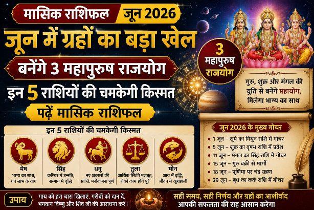 Monthly Horoscope June 2026: जून में ग्रहों का बड़ा खेल; बनेंगे 3 महापुरुष राजयोग, इन 5 राशियों की चमकेगी किस्मत, पढ़ें मासिक राशिफल