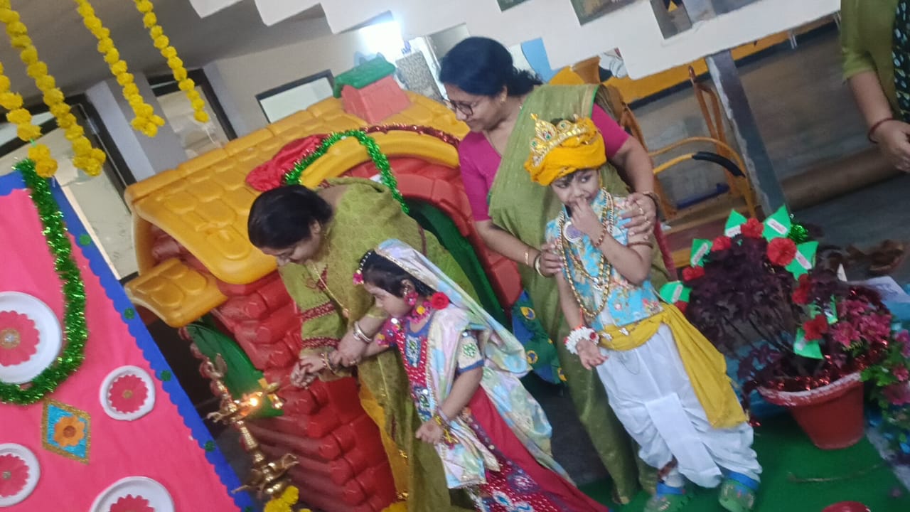"Rainbow tableau of Krishna Janmashtami decorated in Goyal Campus"